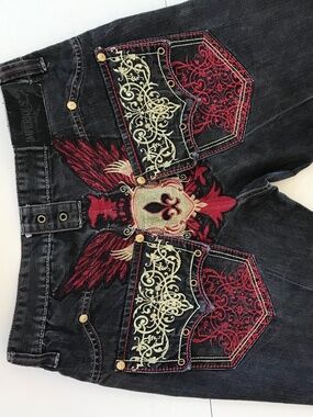 IMPERIOUS Y2K BAGGY EMBROIDERED BAGGY SKATER JEANS CYBER GRUNGE MALL GOTH 34 X 3